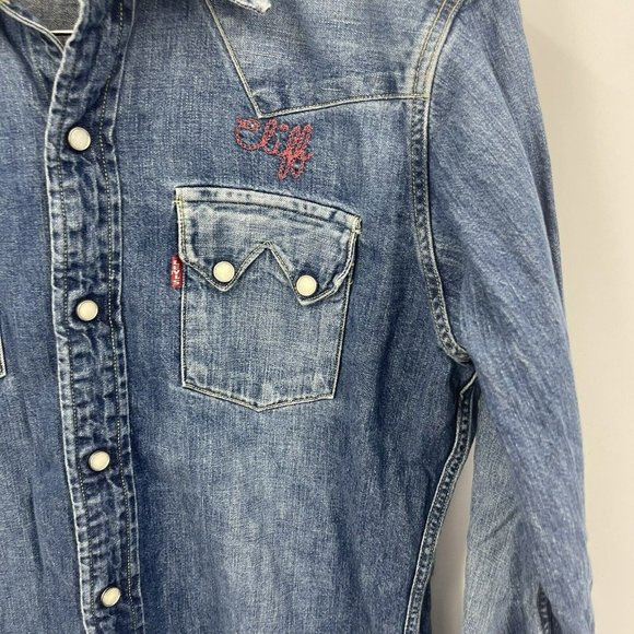 VTG Levi's Big E Sawtooth Short Horn Pearl Snap Button Denim Shirt Sanforized - Picture 4 of 16
